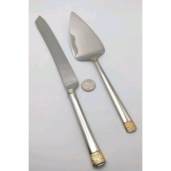 Gorham Festive Holly Gold Accent Knife, Cake Server Set 18/10 Stainless Flatware - Picture 2 of 4